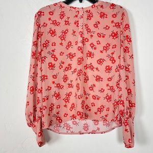 Ann Taylor Blouse Shirt Floral Mixed Media Puff Sleeve Button Down Pink Red Knit